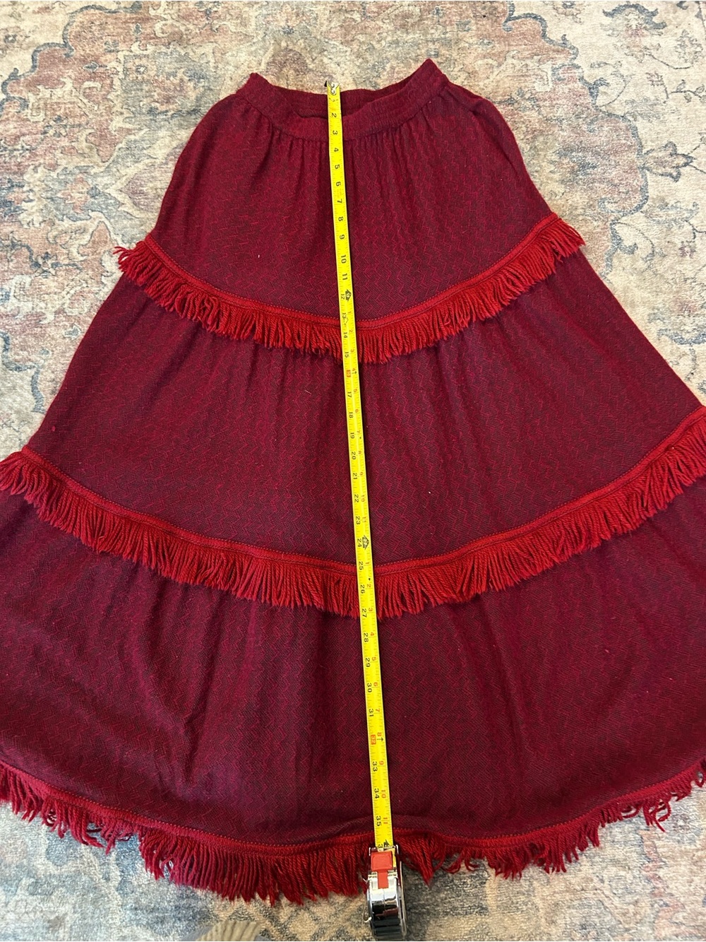 Yves Saint Laurent Vintage 1970-80s Burgundy Fringe Tiered Maxi Skirt - Picture 4 of 6